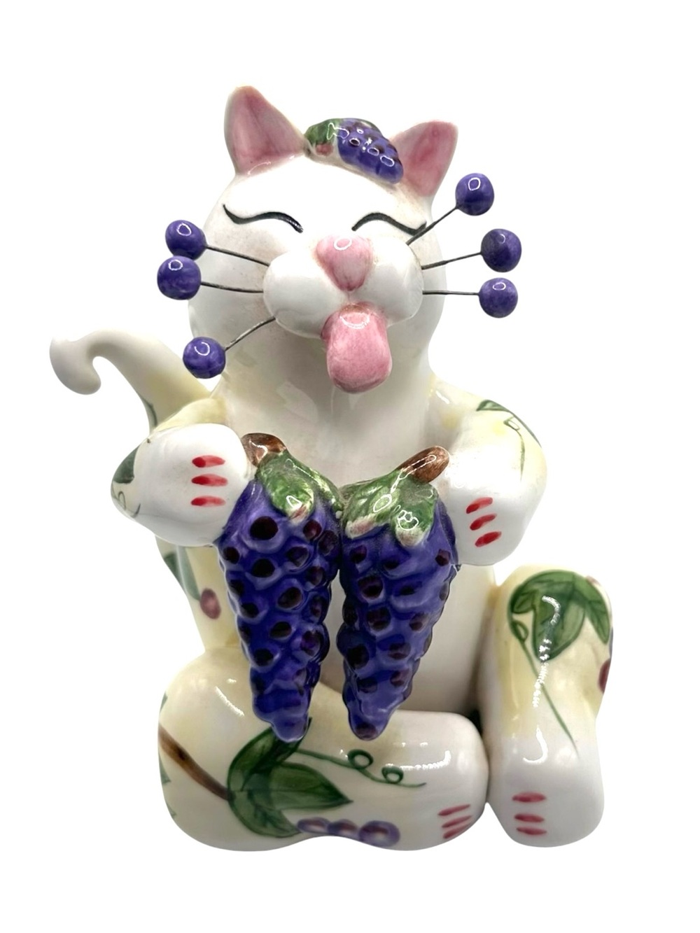 VTG Amy Lacombe Whimsiclay Y2K  Cat Figurine RARE Purple Grapes Wire Whiskers